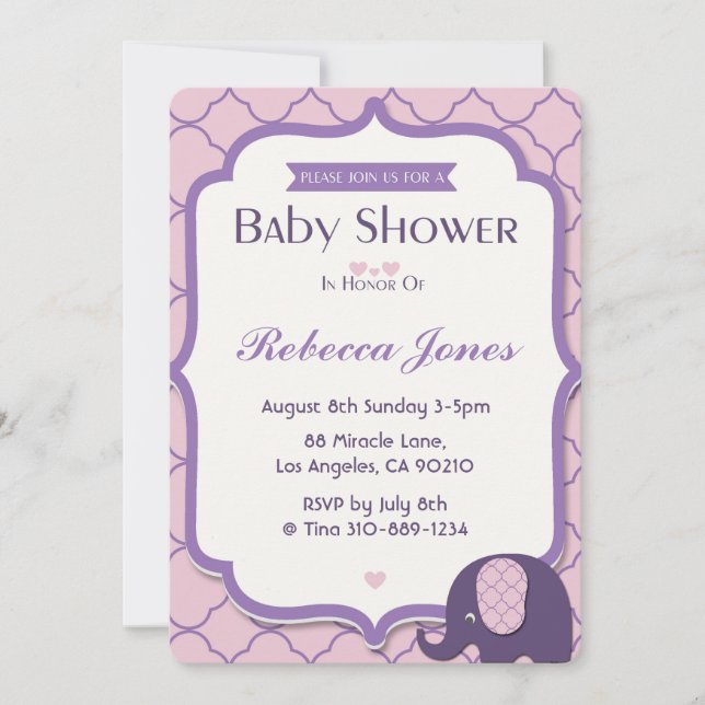 Invitación Elefante Baby Shower invita a la púrpura rosada de (Anverso)