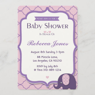 Invitación Elefante Baby Shower invita a la púrpura rosada de
