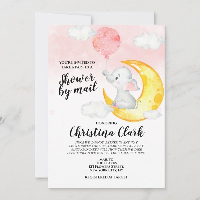 Invitación Elefante Baby Shower por correo: bebé Rosa (Anverso)