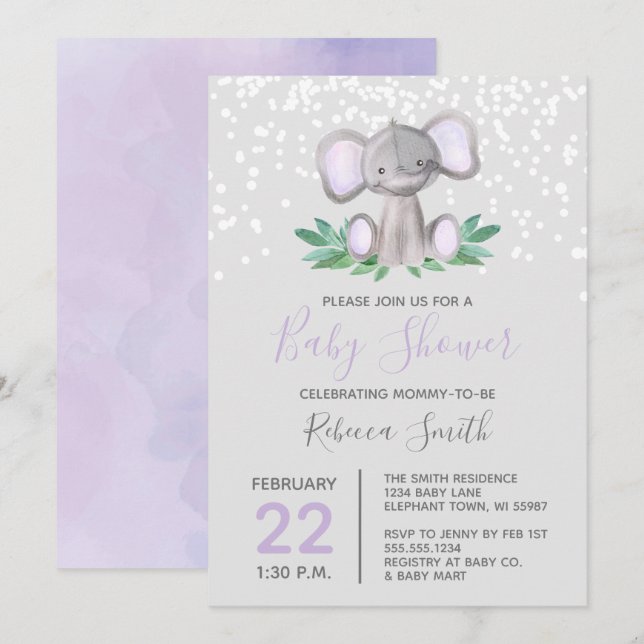 Invitación Elefante Baby Shower Purple Watercolor (Anverso / Reverso)