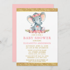 Invitación Elefante Baby Shower Purpurina de oro floral rosa