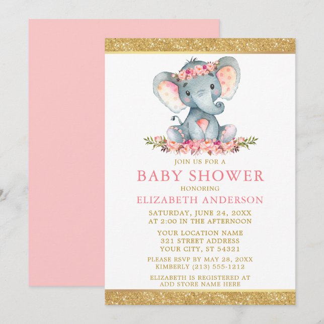 Invitación Elefante Baby Shower Purpurina de oro floral rosa (Anverso / Reverso)