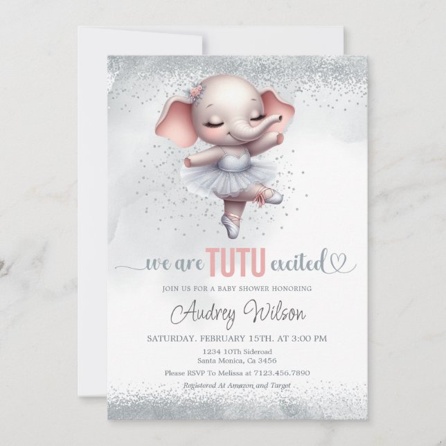 Invitación Elefante Baby Shower Silver y Rosa Tutu (Anverso)