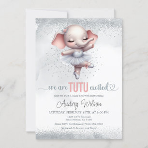 Invitación Elefante Baby Shower Silver y Rosa Tutu