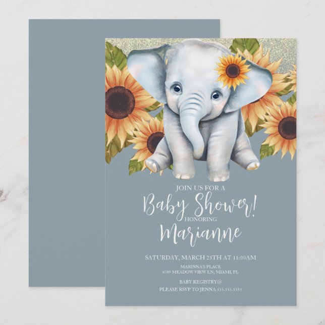 Invitación Elefante Baby Shower Sunflower Purpurina Dusty Blu (Anverso / Reverso)