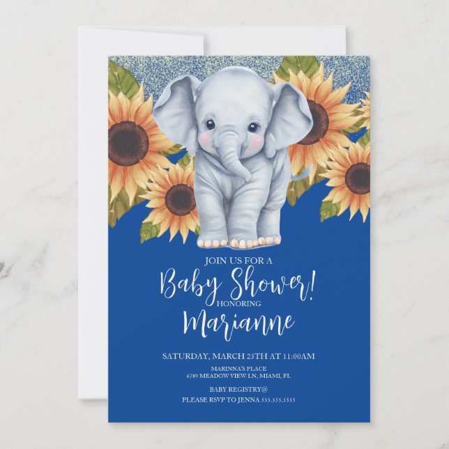 Invitación Elefante Baby Shower Sunflowers Purpurina Blue (Anverso)