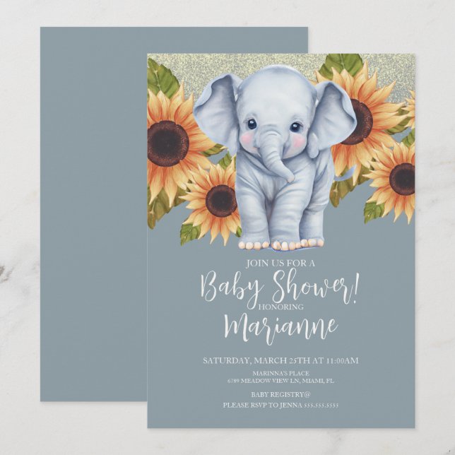Invitación Elefante Baby Shower Sunflowers Purpurina Dusty Bl (Anverso / Reverso)