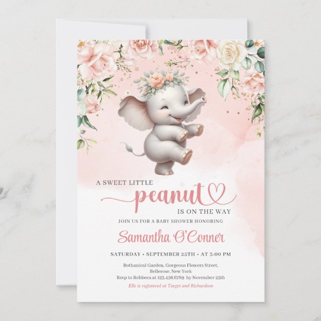 Invitación elefante bailarín suave boho chica floral rosa (Anverso)