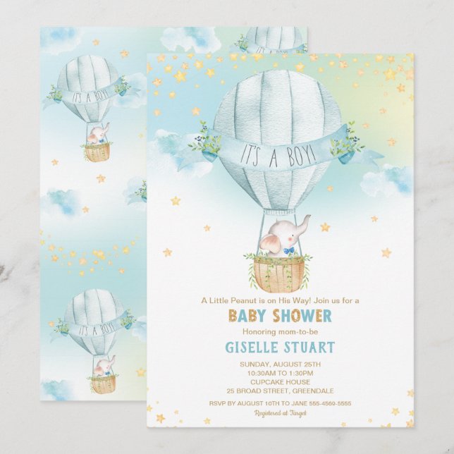 Invitación Elefante Balón de aire caliente Baby Shower Boy Wh (Anverso / Reverso)