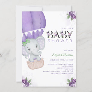 Invitación Elefante Balón de aire caliente Baby Shower Morado