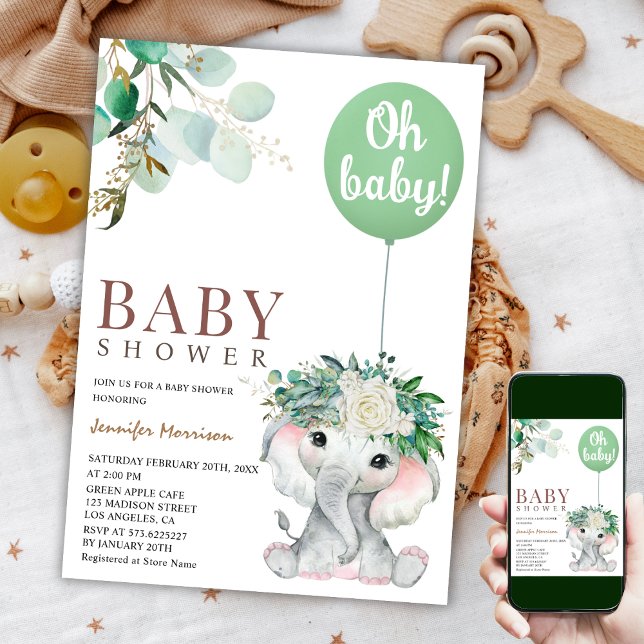 Invitación Elefante Balón verde género Baby Shower neutral (Subido por el creador)