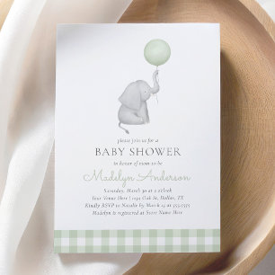 Invitación Elefante Balón verde género Baby Shower neutral