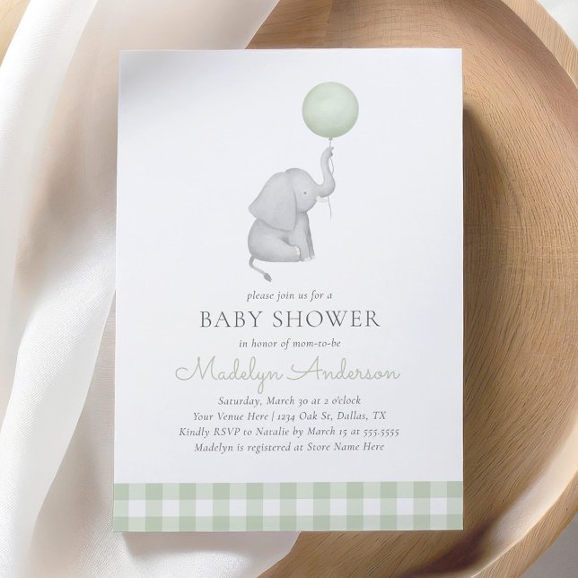 Invitación Elefante Balón verde género Baby Shower neutral (Subido por el creador)