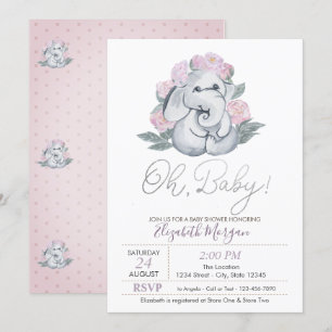 Invitación Elefante Bebé Adorable con Lunares Florales Fiest