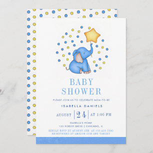 Invitación Elefante bebé azul y Baby Shower con globo estrell