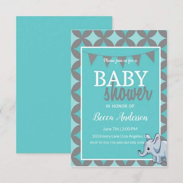 Invitación Elefante bebé | Baby Shower azul (Anverso / Reverso)