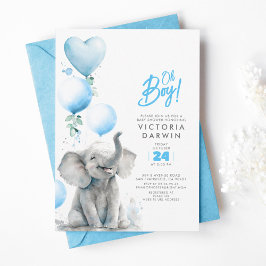 Invitación Elefante bebé Baby Shower azul y chico gris