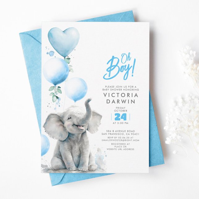 Invitación Elefante bebé Baby Shower azul y chico gris (Cute Blue and Grey Little Elephant Baby Shower Invitations)