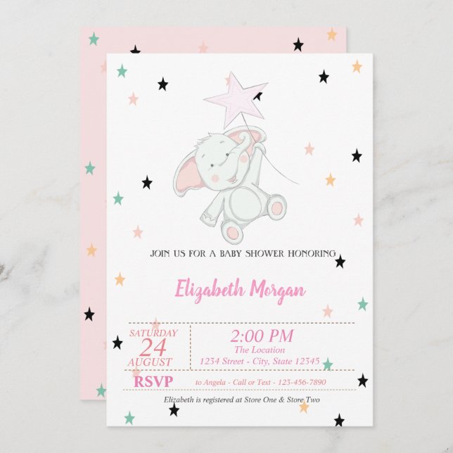 Invitación Elefante bebé, Baby Shower de estrellas (Anverso / Reverso)
