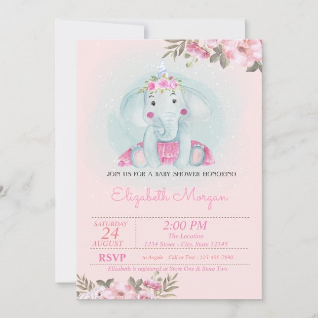 Invitación Elefante bebé, Baby Shower de FloralCrown (Anverso)