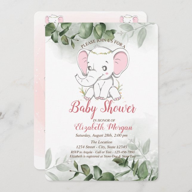 Invitación Elefante bebé, Baby Shower Eucalyptus Greeneration (Anverso / Reverso)