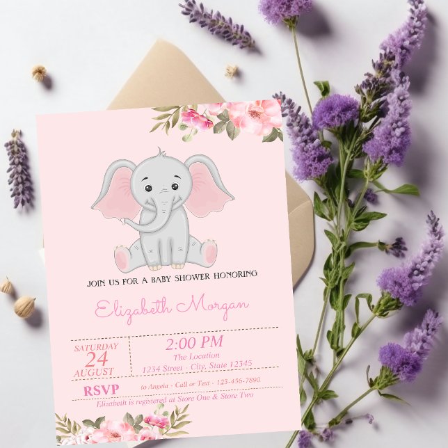 Invitación Elefante bebé, Baby Shower floral (Subido por el creador)