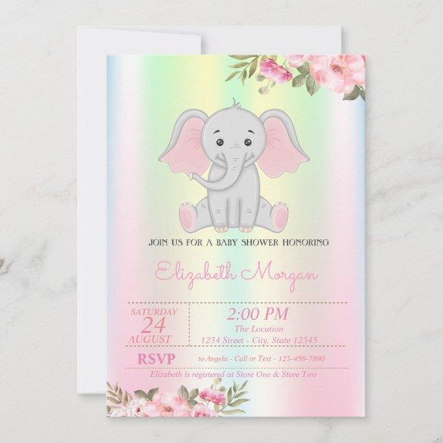 Invitación Elefante bebé, Baby Shower floral irlandés (Anverso)
