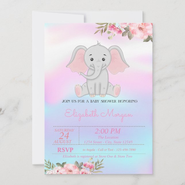 Invitación Elefante bebé, Baby Shower holográfico floral (Anverso)
