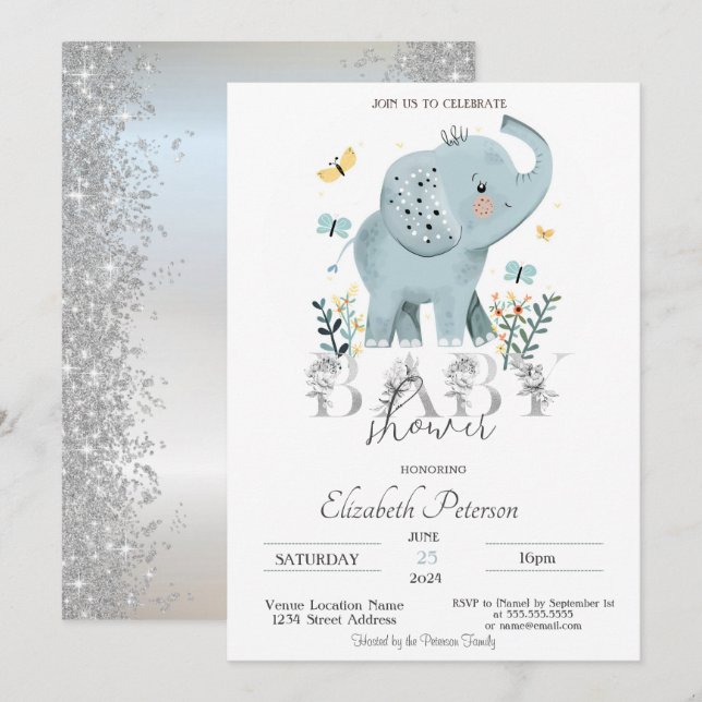 Invitación Elefante Bebé Brillo Plata Baby Shower (Anverso / Reverso)