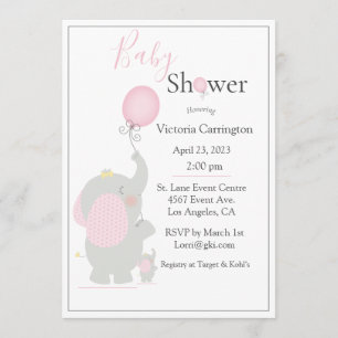 Invitación Elefante bebé Chica rosa color de agua Baby Shower