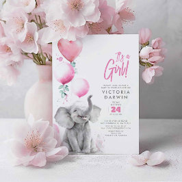 Invitación Elefante bebé Chica rosa y gris dulce Baby Shower