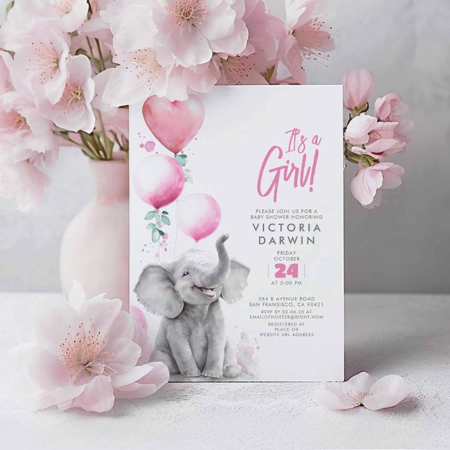 Invitación Elefante bebé Chica rosa y gris dulce Baby Shower (Pink Balloons and Elephant Baby Shower Invitations - It's A Girl!)