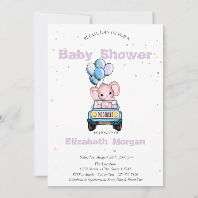 Invitación Elefante bebé, Coche, Estrellas Baby Shower  (Anverso)