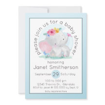 Elefante bebé color agua con Baby Shower de flores