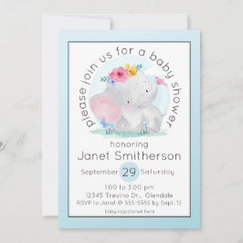 Invitación Elefante bebé color agua con Baby Shower de flores