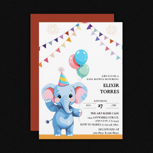 Invitación Elefante bebé colorido con Baby Shower de globos
