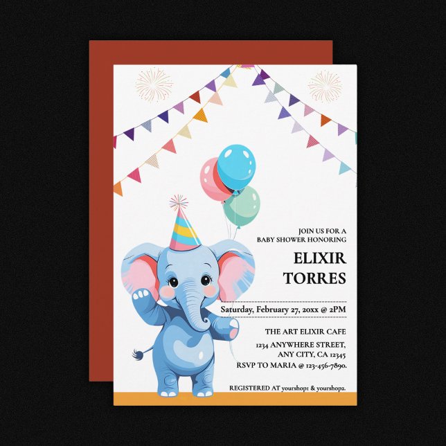 Invitación Elefante bebé colorido con Baby Shower de globos (Subido por el creador)