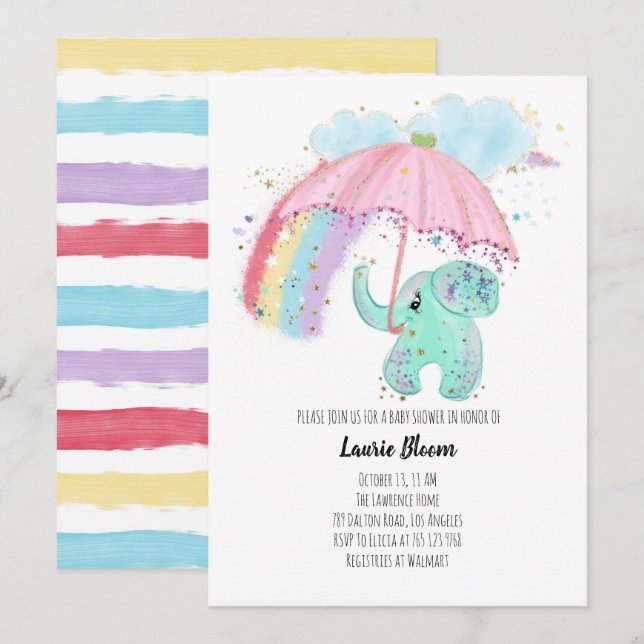 Invitación Elefante bebé con Baby Shower arcoiris (Anverso / Reverso)
