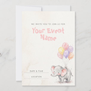 Invitación Elefante bebé con globo pastel acuarela