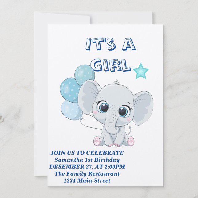 Invitación Elefante bebé con globos Chica bebé (Anverso)