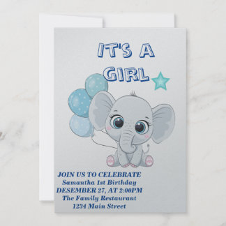 Invitación Elefante bebé con globos Chica bebé