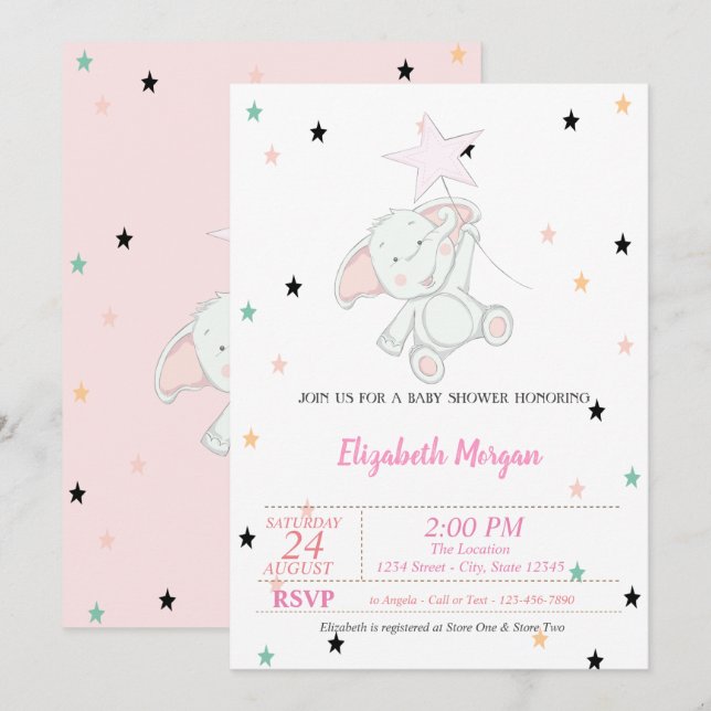 Invitación Elefante Bebé, Cumpleaños de Estrellas (Anverso / Reverso)