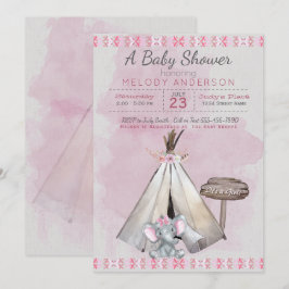Invitación Elefante bebé de boho rosa Baby Shower y tipi