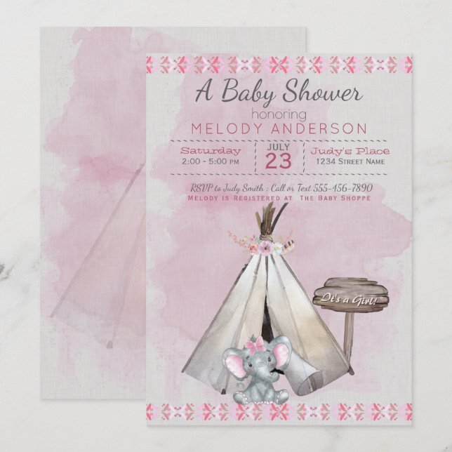 Invitación Elefante bebé de boho rosa Baby Shower y tipi (Anverso / Reverso)