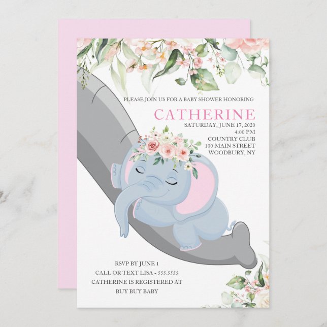 Invitación Elefante bebé duerme Chica floral ducha (Anverso / Reverso)