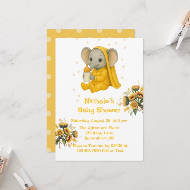 Invitación Elefante bebé en Baby Shower de pijamas amarillos (Anverso/Reverso In Situ)