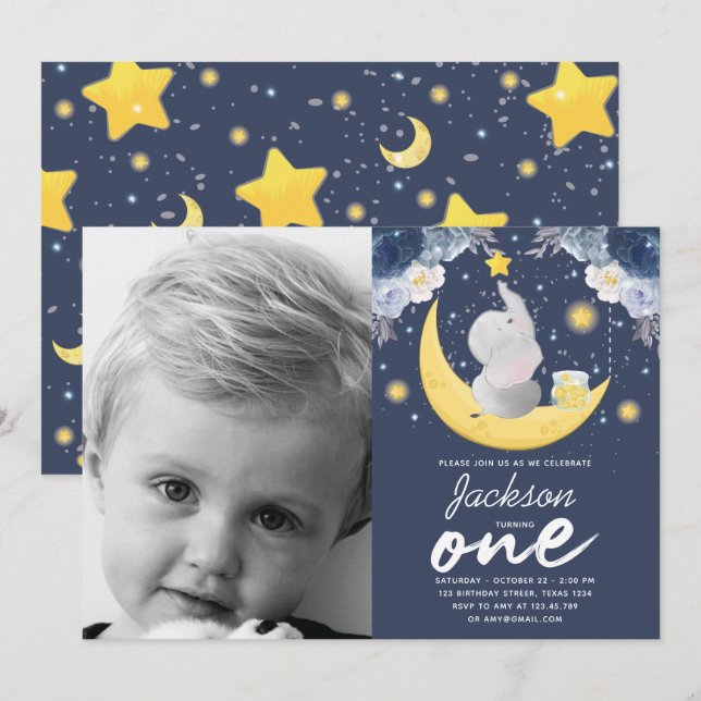 Invitación Elefante bebé en la fotografía del primer cumpleañ (Anverso / Reverso)