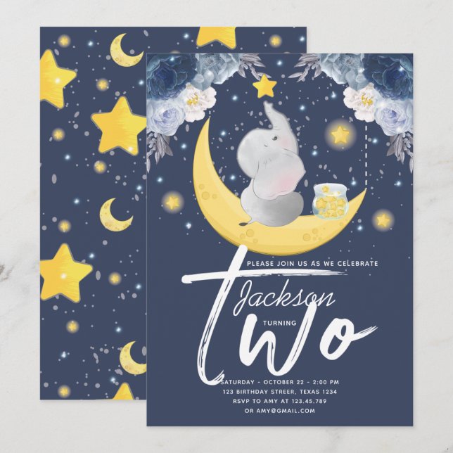 Invitación Elefante bebé en la luna por segundo cumpleaños (Anverso / Reverso)