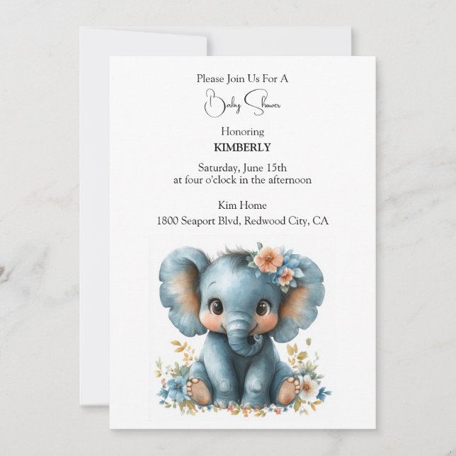Invitación Elefante Bebé Entre Flores (Anverso)