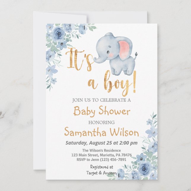Invitación Elefante Bebé Es un Baby Shower de niño (Anverso)